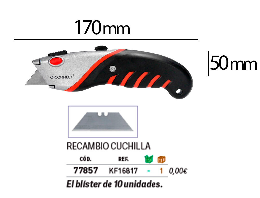 CUTTER XD-8300 Q-CONNECT EN METAL ET CAOUTCHOUC LAME 18MM RETRTACTABLE INTERCHANGEABLE AVEC FREIN DE SECURITE