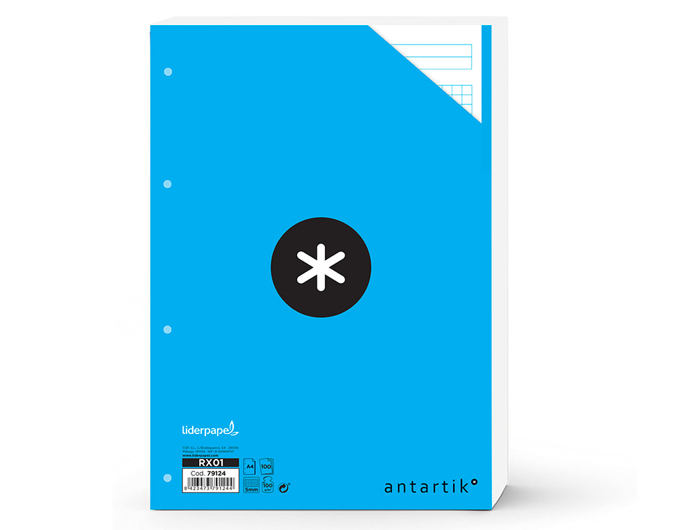 FEUILLET MOBILE LIDERPAPEL ANTARTIK A4 100 FEUILLES 100G QUADRILLAGE 5MM 4 TROUS BANDES DE 5 COULEURS