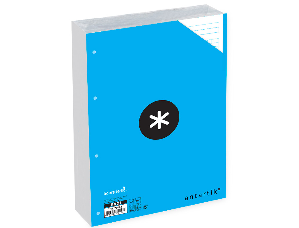 FEUILLET MOBILE LIDERPAPEL ANTARTIK A4 100 FEUILLES 100G QUADRILLAGE 5MM 4 TROUS BANDES DE 5 COULEURS