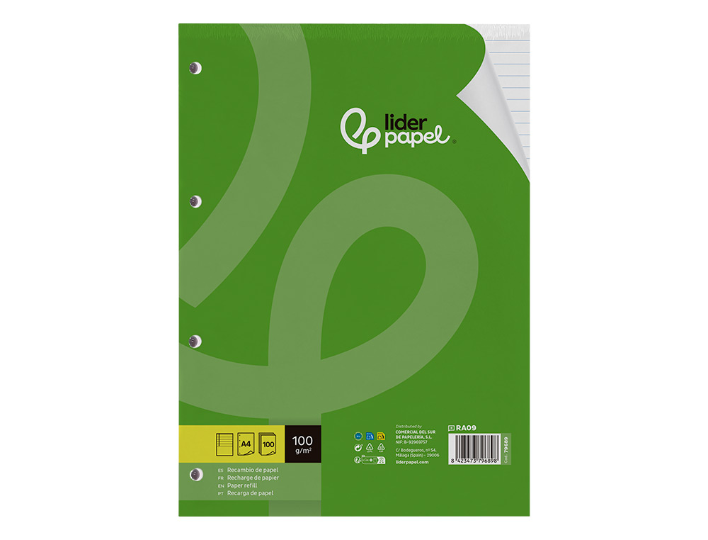 BLOC-NOTES LIDERPAPEL 100 FEUILLES ENCOLLÉES 100G A4 100 G/M2 LIGNÉ HORIZONTAL MARGE 4 TROUS