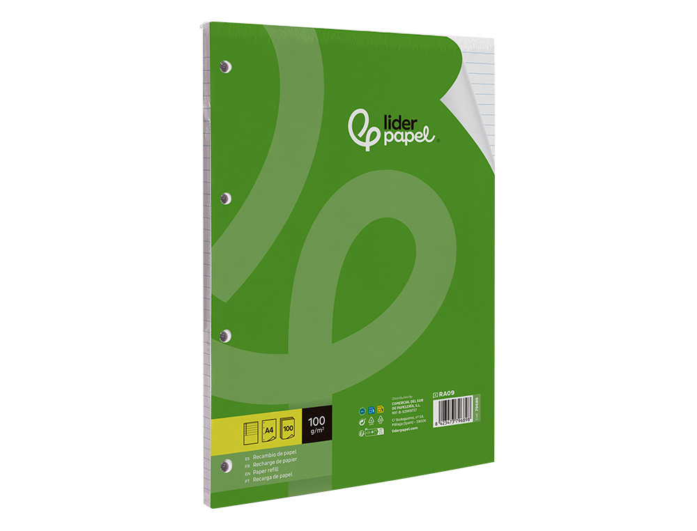 BLOC-NOTES LIDERPAPEL 100 FEUILLES ENCOLLÉES 100G A4 100 G/M2 LIGNÉ HORIZONTAL MARGE 4 TROUS