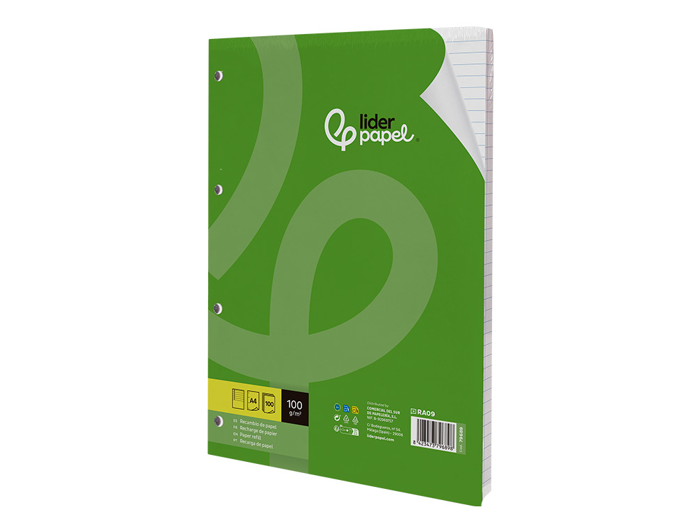 BLOC-NOTES LIDERPAPEL 100 FEUILLES ENCOLLÉES 100G A4 100 G/M2 LIGNÉ HORIZONTAL MARGE 4 TROUS