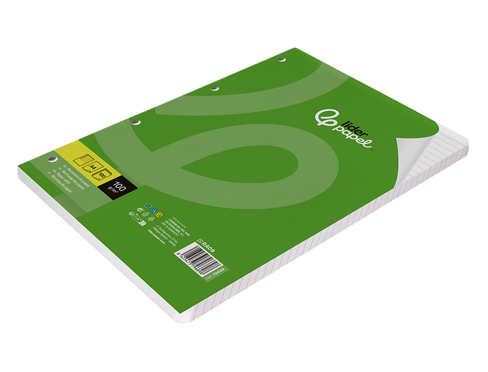 BLOC-NOTES LIDERPAPEL 100 FEUILLES ENCOLLÉES 100G A4 100 G/M2 LIGNÉ HORIZONTAL MARGE 4 TROUS