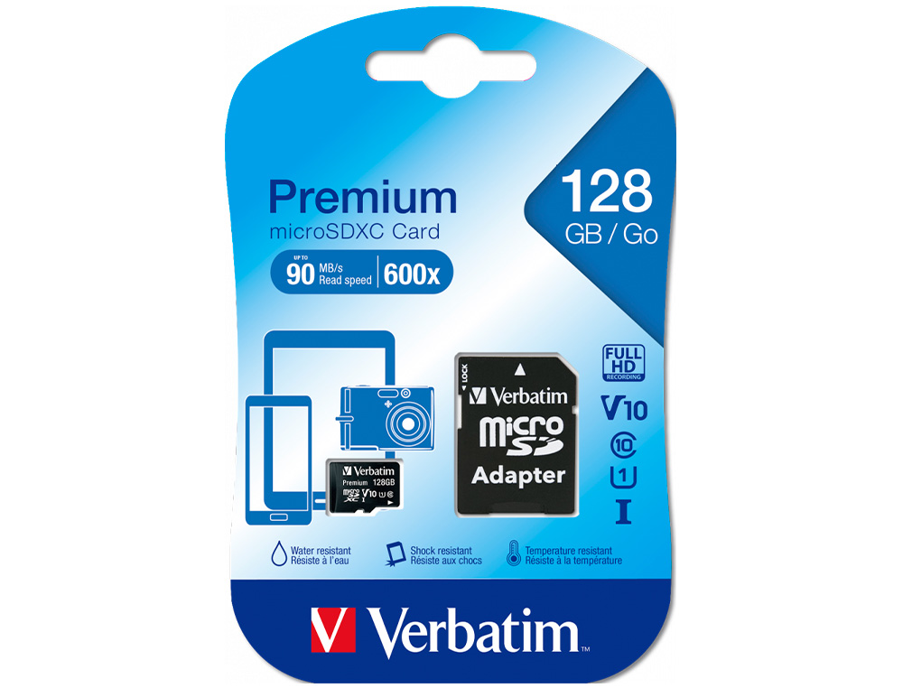 MICRO SDHC VERBATIM 128GB CLASSE 10 AVEC ADAPTATEUR IDEAL VIDEOS QUALITE CINEMA HD 3D VITESSE ECRITURE