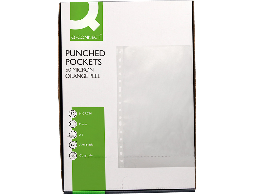 POCHETTE Q-CONNECT POLYPROPYLÈNE GRAINÉ 5/100E PERFORÉE ANTISTATIQUE A4 210X297MM BOÎTE 100 UNITÉS