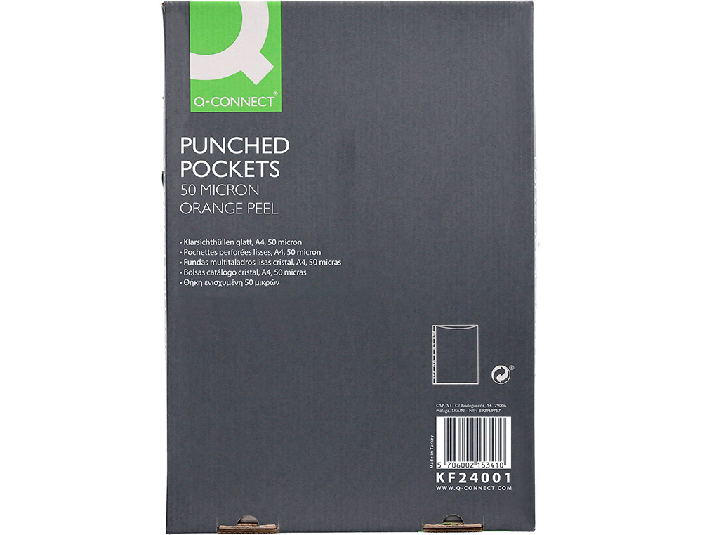 POCHETTE Q-CONNECT POLYPROPYLÈNE GRAINÉ 5/100E PERFORÉE ANTISTATIQUE A4 210X297MM BOÎTE 100 UNITÉS