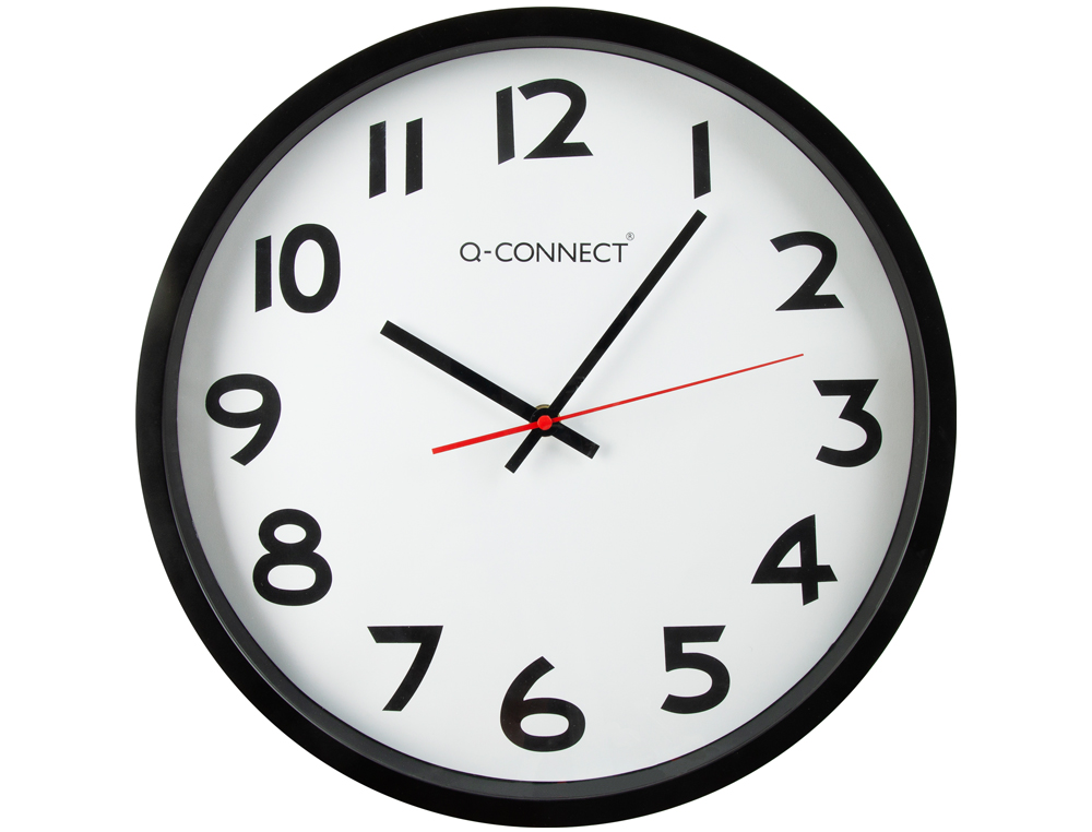 HORLOGE Q-CONNECT MURALE PLASTIQUE DESIGN ACTUEL NUMÉROS NOIRS FOND BLANC 1 PILE AA NON FOURNIE DIAMÈTRE 34CM NOIR