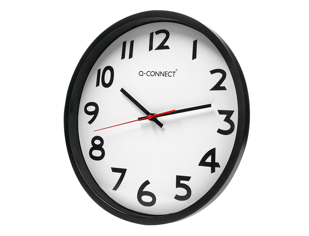 HORLOGE Q-CONNECT MURALE PLASTIQUE DESIGN ACTUEL NUMÉROS NOIRS FOND BLANC 1 PILE AA NON FOURNIE DIAMÈTRE 34CM NOIR