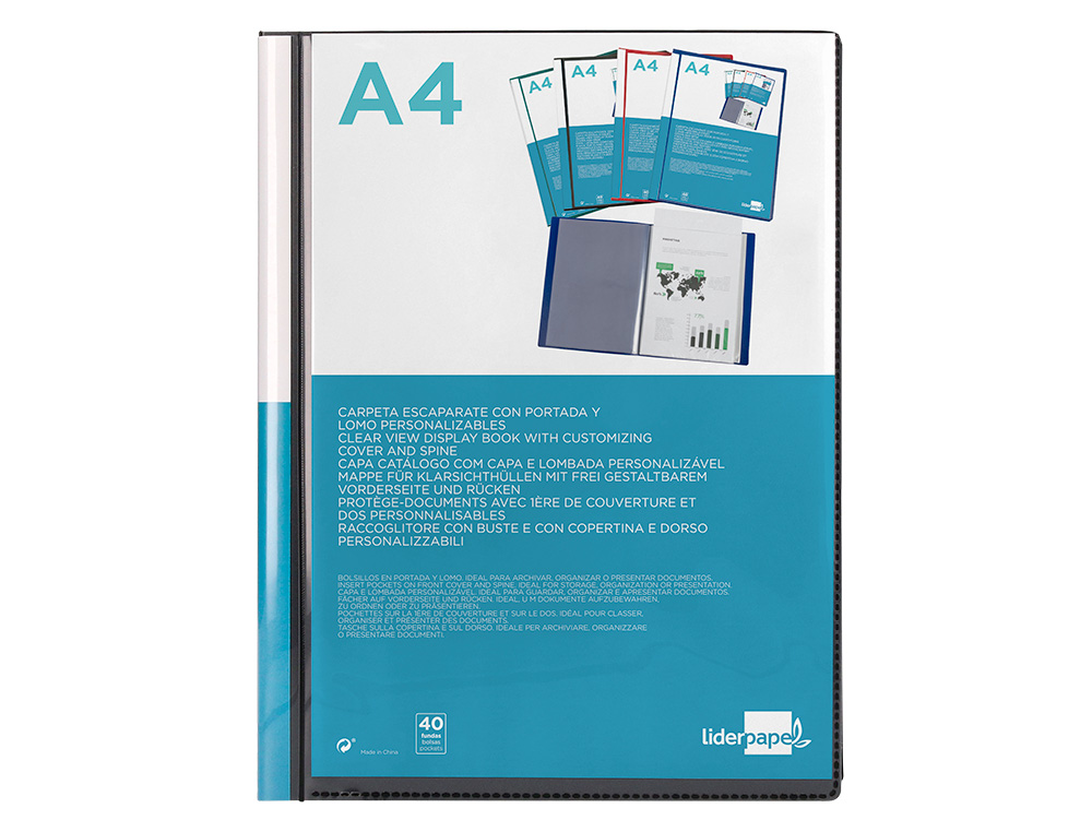 PROTÈGE-DOCUMENTS LIDERPAPEL PERSONNALISABLE KANGOUROU POLYPROPYLÈNE 40 POCHETTES FIXES A4 210X297MM COLORIS NOIR