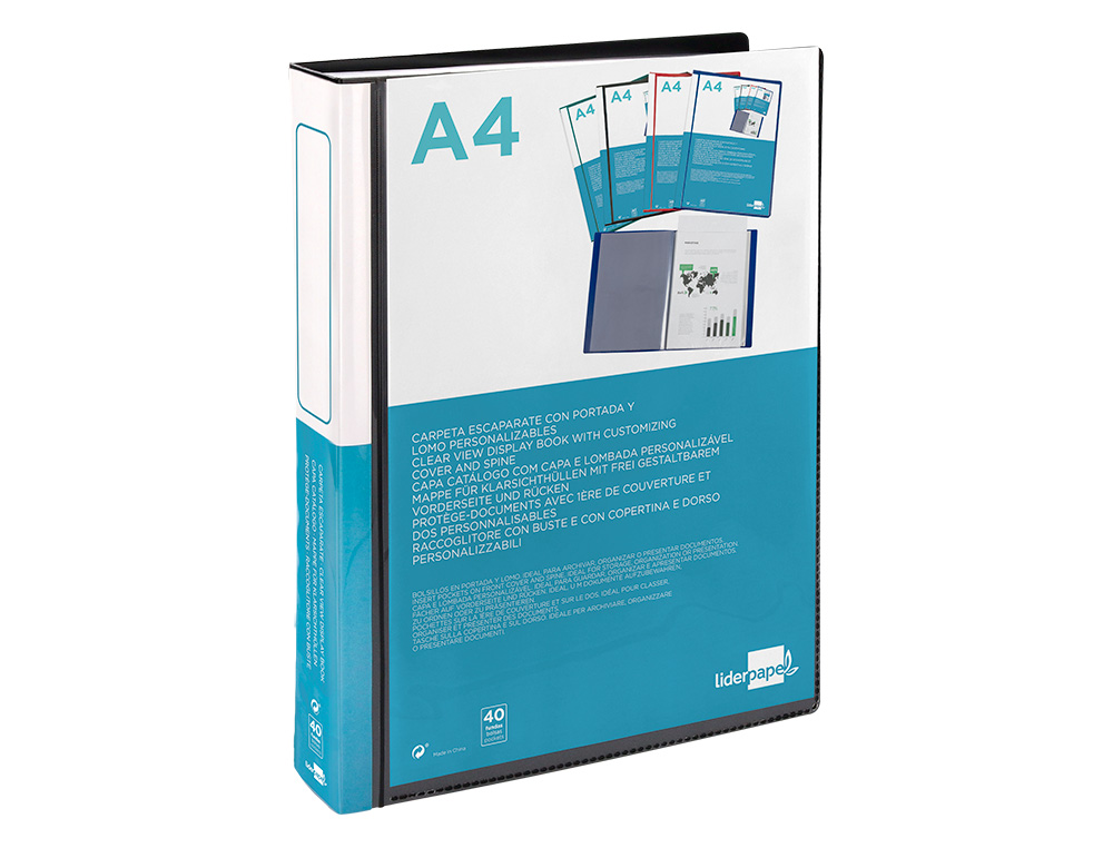 PROTÈGE-DOCUMENTS LIDERPAPEL PERSONNALISABLE KANGOUROU POLYPROPYLÈNE 40 POCHETTES FIXES A4 210X297MM COLORIS NOIR