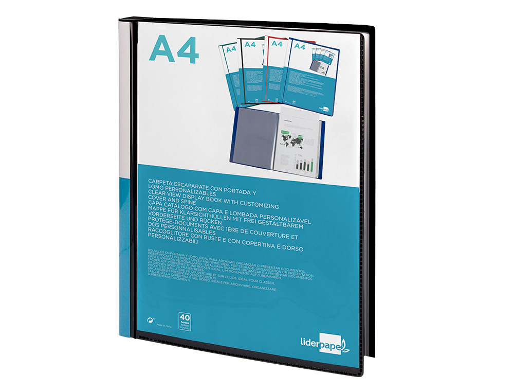 PROTÈGE-DOCUMENTS LIDERPAPEL PERSONNALISABLE KANGOUROU POLYPROPYLÈNE 40 POCHETTES FIXES A4 210X297MM COLORIS NOIR