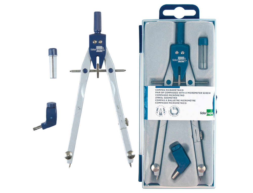 COMPAS LIDERPAPEL MICROMÉTRIQUE ARTICULÉ 2 BRANCHES CIRCONFÉRENCE 38CM LONGUEUR 17CM BAGUE MINES 2MM ÉTUI