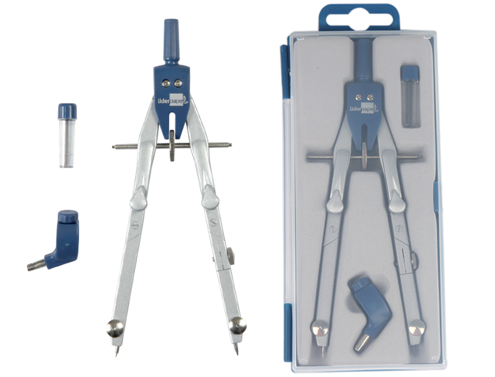 COMPAS LIDERPAPEL MICROMÉTRIQUE ARTICULÉ 2 BRANCHES CIRCONFÉRENCE 38CM TOUCHE RÉGLAGE RAPIDE BAGUE MINE 2MM ÉTUI