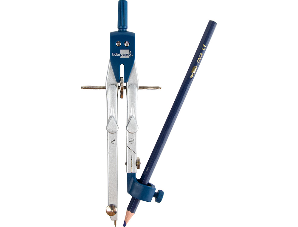 COMPAS LIDERPAPEL MICROMÉTRIQUE ARTICULÉ 2 BRANCHES CIRCONFÉRENCE 38CM TOUCHE RÉGLAGE RAPIDE BAGUE MINE 2MM ÉTUI