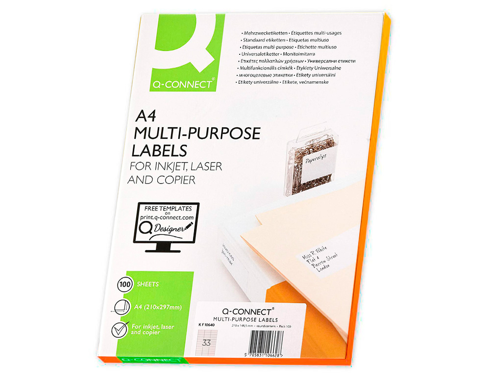 ÉTIQUETTE ADHÉSIVE Q-CONNECT 70X25MM COINS DROITS IMPRIMANTE JET D'ENCRE LASER COPIEUR BOÎTE 100 FEUILLES 3300 UNITÉS