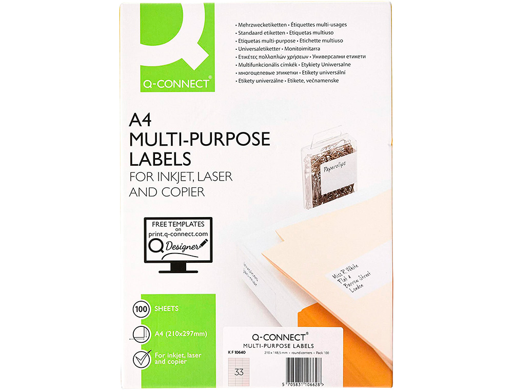 ÉTIQUETTE ADHÉSIVE Q-CONNECT 70X25MM COINS DROITS IMPRIMANTE JET D'ENCRE LASER COPIEUR BOÎTE 100 FEUILLES 3300 UNITÉS