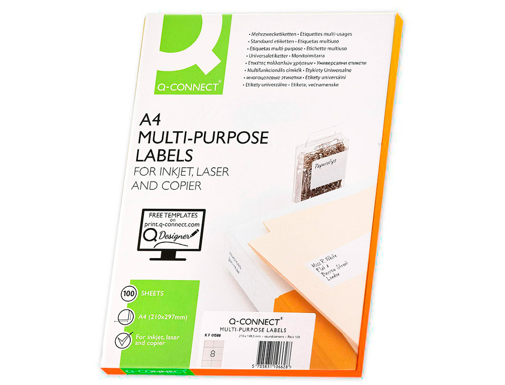 ÉTIQUETTE ADHÉSIVE Q-CONNECT 99.1X67.7MM COINS ARRONDIS IMPRIMANTE JET ENCRE LASER COPIEUR BOÎTE 100 FEUILLES 800 UNITÉS