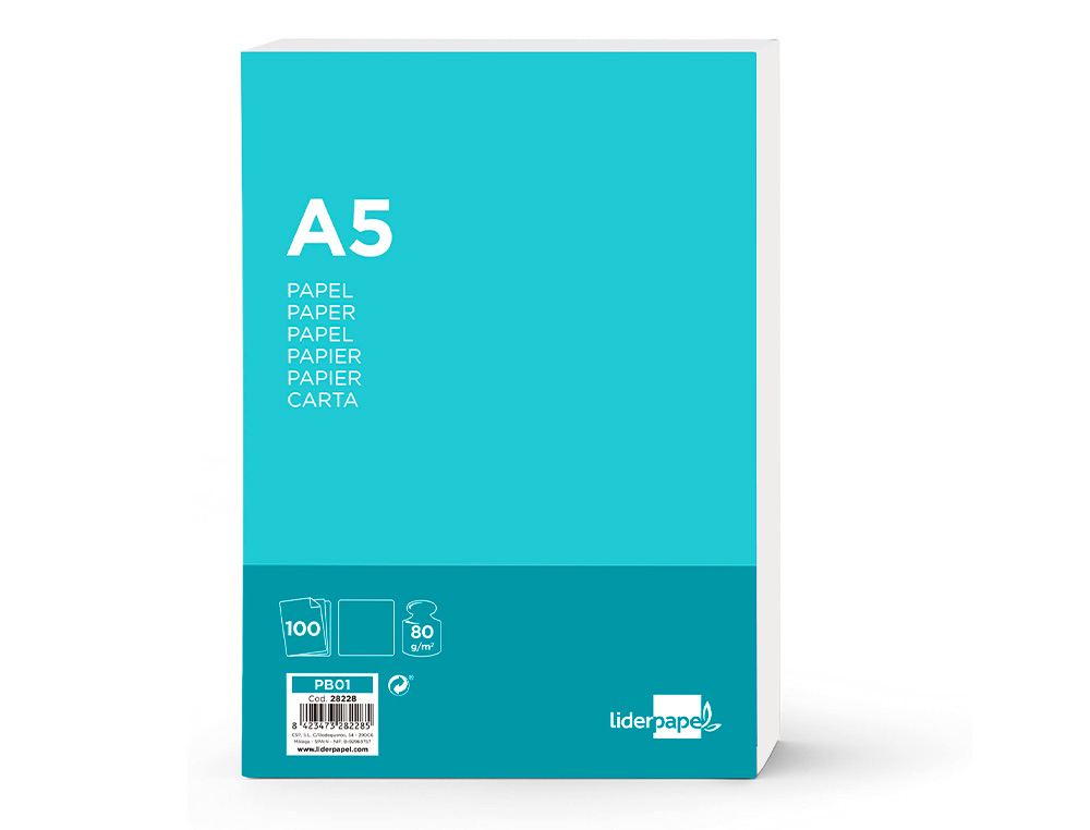 PAPIER ÉCRITURE LIDERPAPEL A5 148X210MM BLANCHEUR EXTRA OPACITÉ 80G/M2 PAQUET 100 FEUILLES