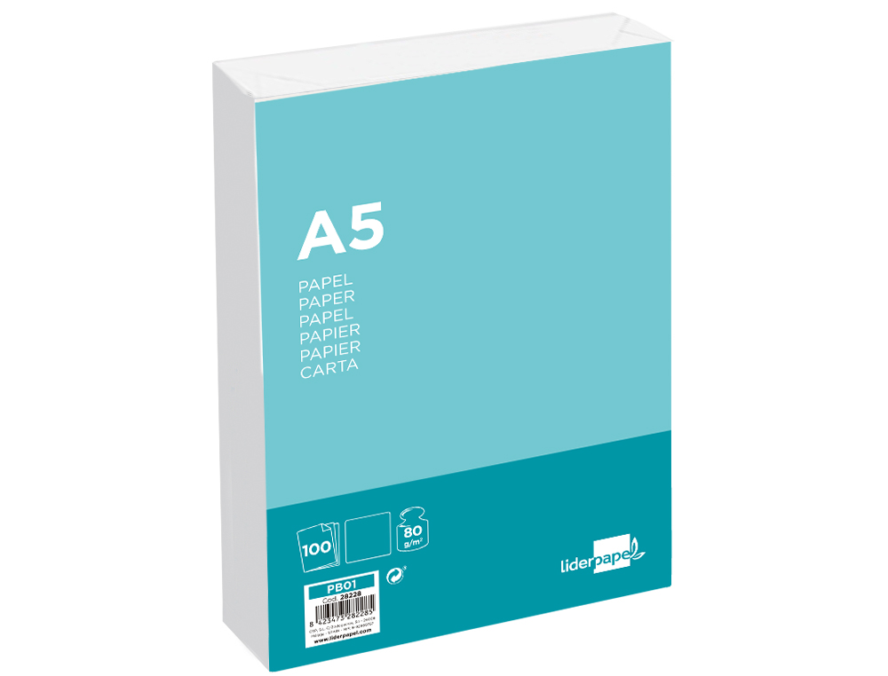 PAPIER ÉCRITURE LIDERPAPEL A5 148X210MM BLANCHEUR EXTRA OPACITÉ 80G/M2 PAQUET 100 FEUILLES