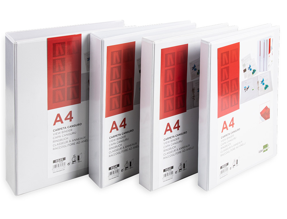 CLASSEUR KANGOUROU LIDERPAPEL 4 ANNEAUX 25MM 283X320MM DOCUMENT A4 PLASTIQUE DOS 40MM COLORIS BLANC
