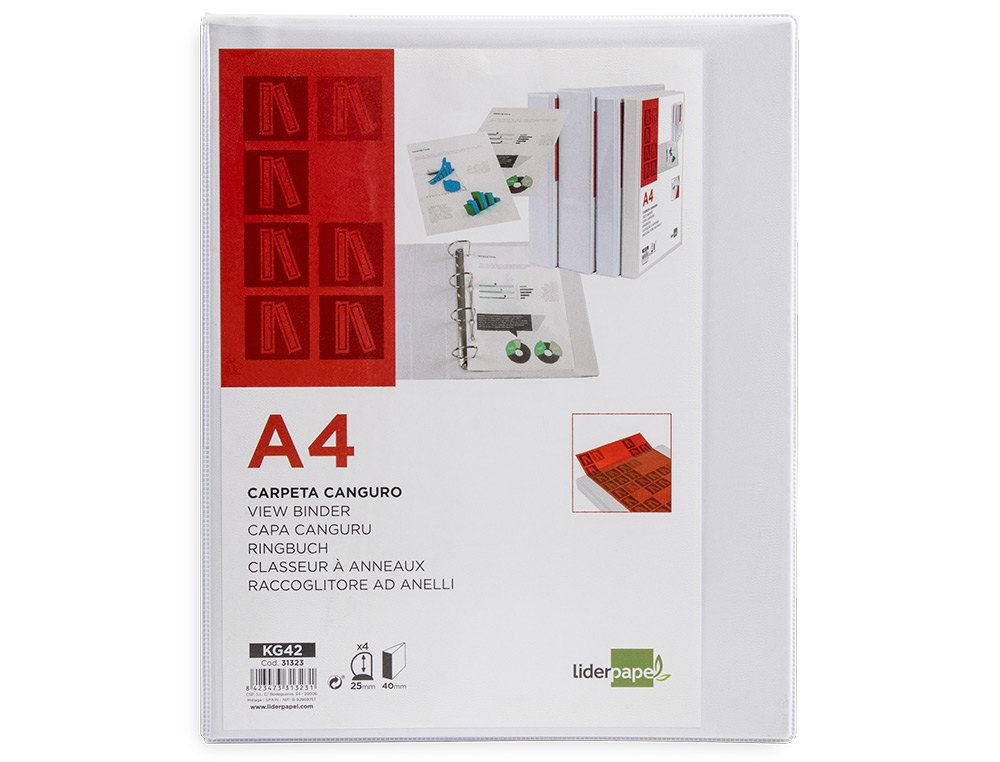 CLASSEUR KANGOUROU LIDERPAPEL 4 ANNEAUX 25MM 283X320MM DOCUMENT A4 PLASTIQUE DOS 40MM COLORIS BLANC