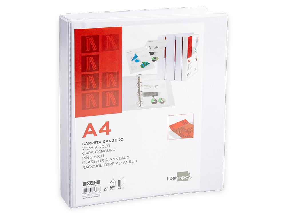 CLASSEUR KANGOUROU LIDERPAPEL 4 ANNEAUX 25MM 283X320MM DOCUMENT A4 PLASTIQUE DOS 40MM COLORIS BLANC