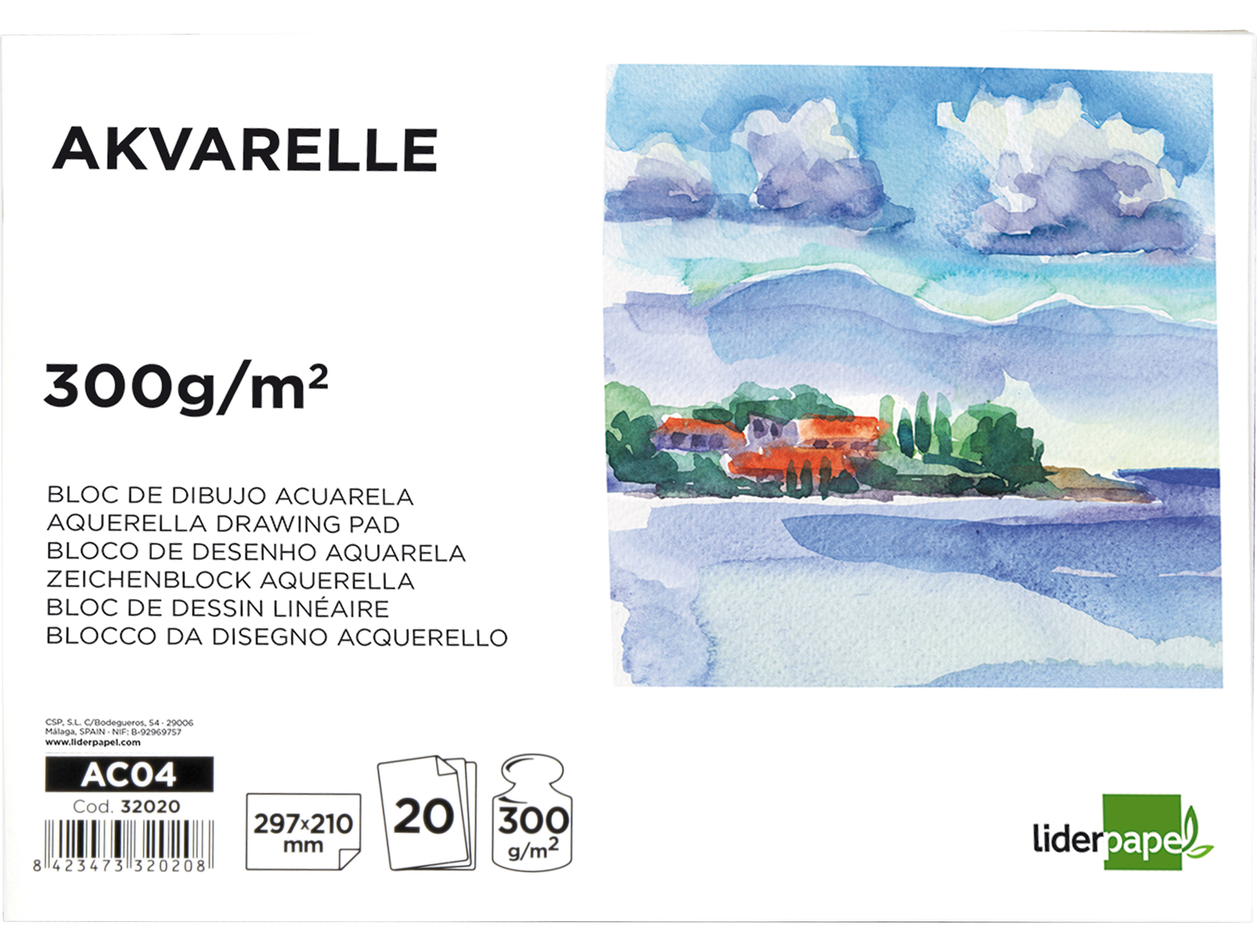BLOC DESSIN LIDERPAPEL AQUARELLE ENCOLLÉ PAPIER GRAIN MOYEN LISSE 300G/M2 FORMAT A4 297X210MM 20F
