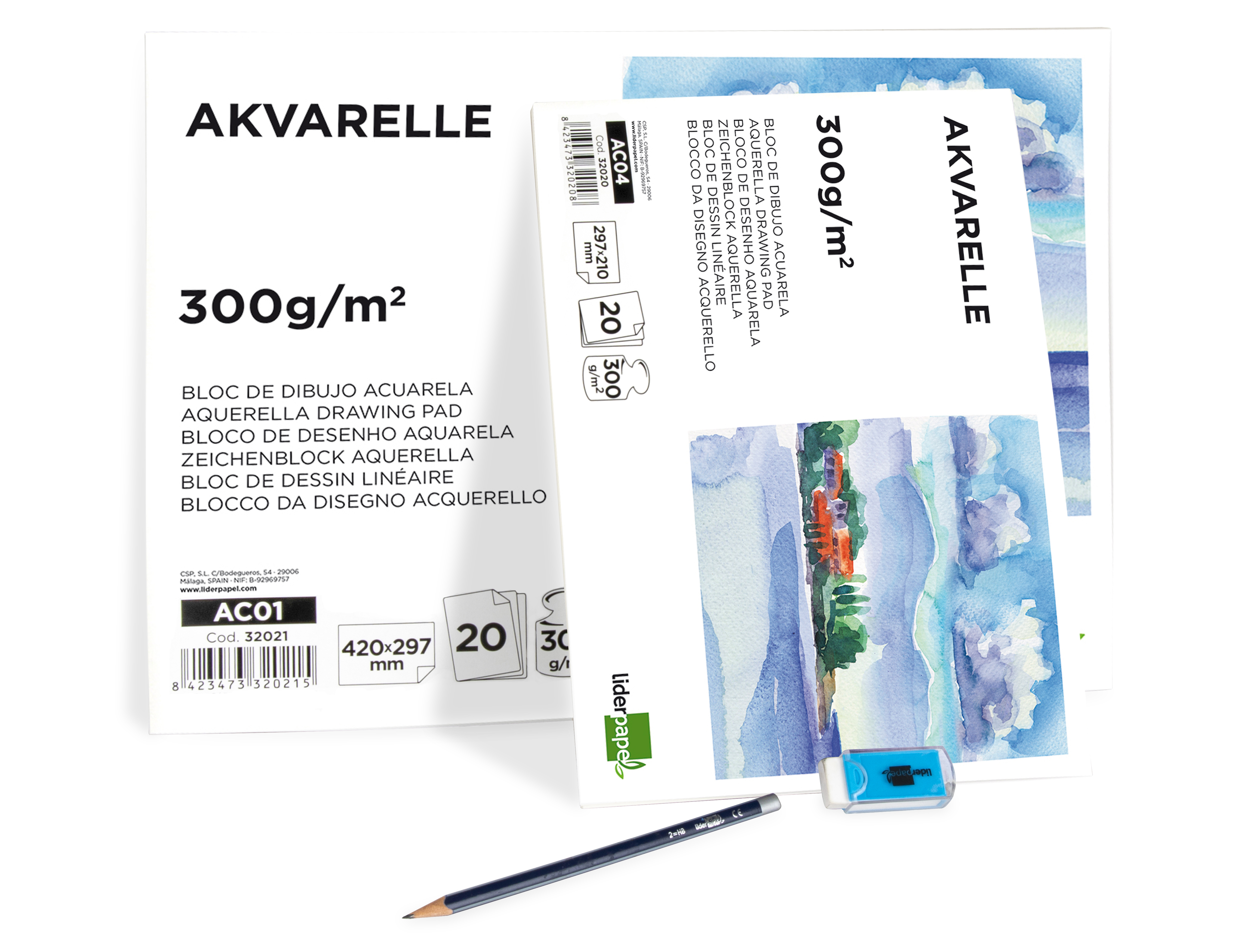 BLOC DESSIN LIDERPAPEL AQUARELLE ENCOLLÉ PAPIER GRAIN MOYEN LISSE 300G/M2 FORMAT A4 297X210MM 20F