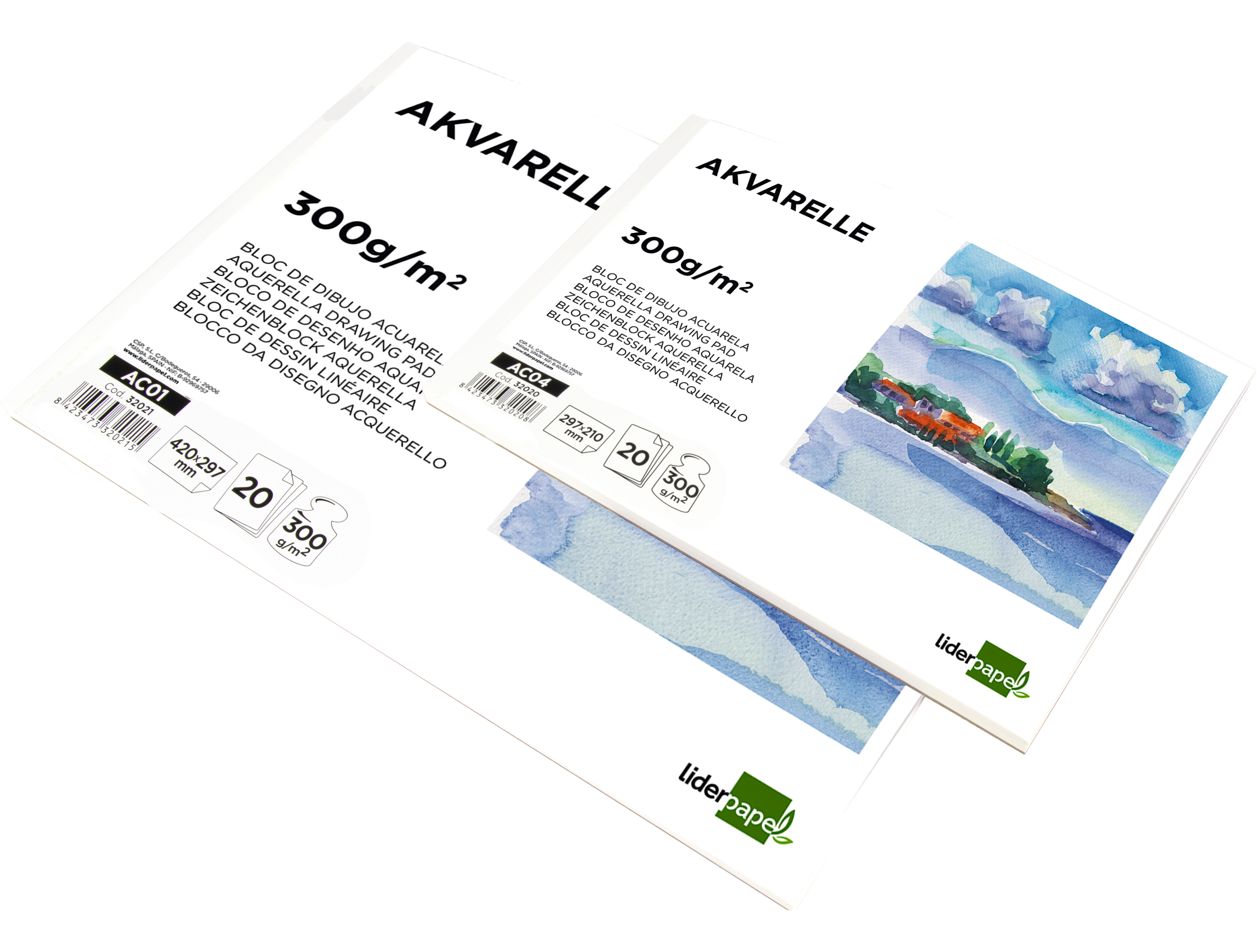 BLOC DESSIN LIDERPAPEL AQUARELLE ENCOLLÉ PAPIER GRAIN MOYEN LISSE 300G/M2 FORMAT A4 297X210MM 20F