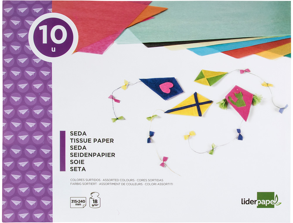 PAPIER DE SOIE LIDERPAPEL 18G/M2 FORMAT A4+ 240X315MM COLORIS ASSORTIS BLOC 10F
