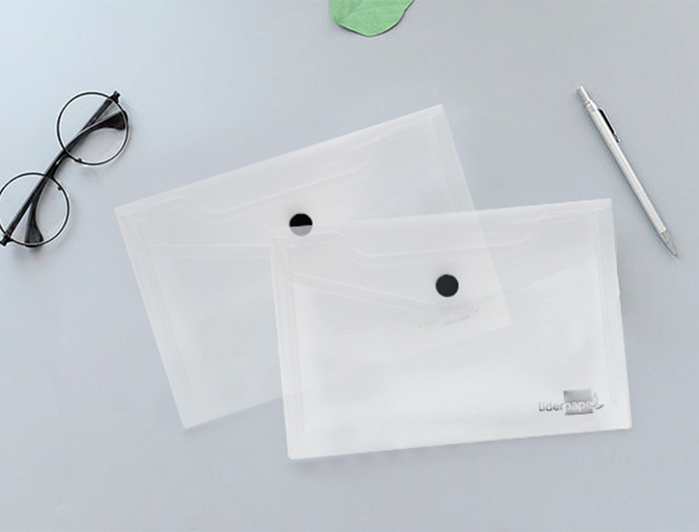 POCHETTE ENVELOPPE LIDERPAPEL POLYPROPYLNE 180 MICRONS A6 148X105MM 50F FERMETURE BOUTON TRANSPARENT