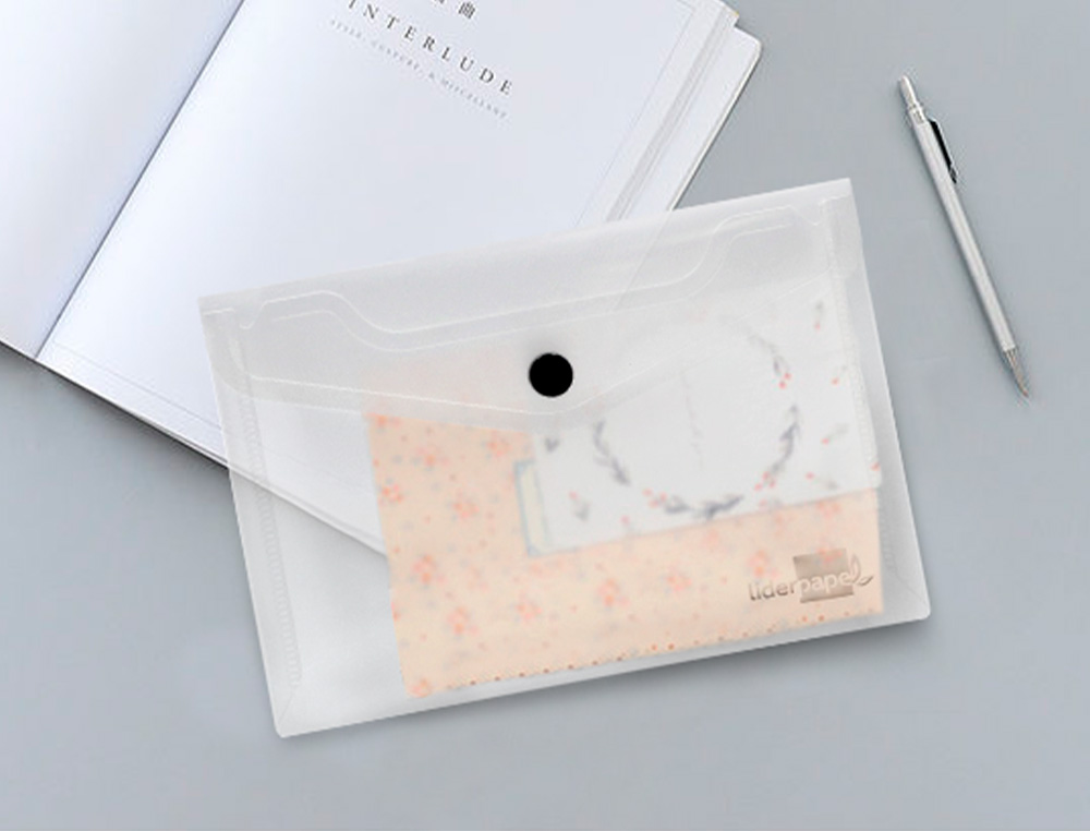 POCHETTE ENVELOPPE LIDERPAPEL POLYPROPYLNE 180 MICRONS A6 148X105MM 50F FERMETURE BOUTON TRANSPARENT