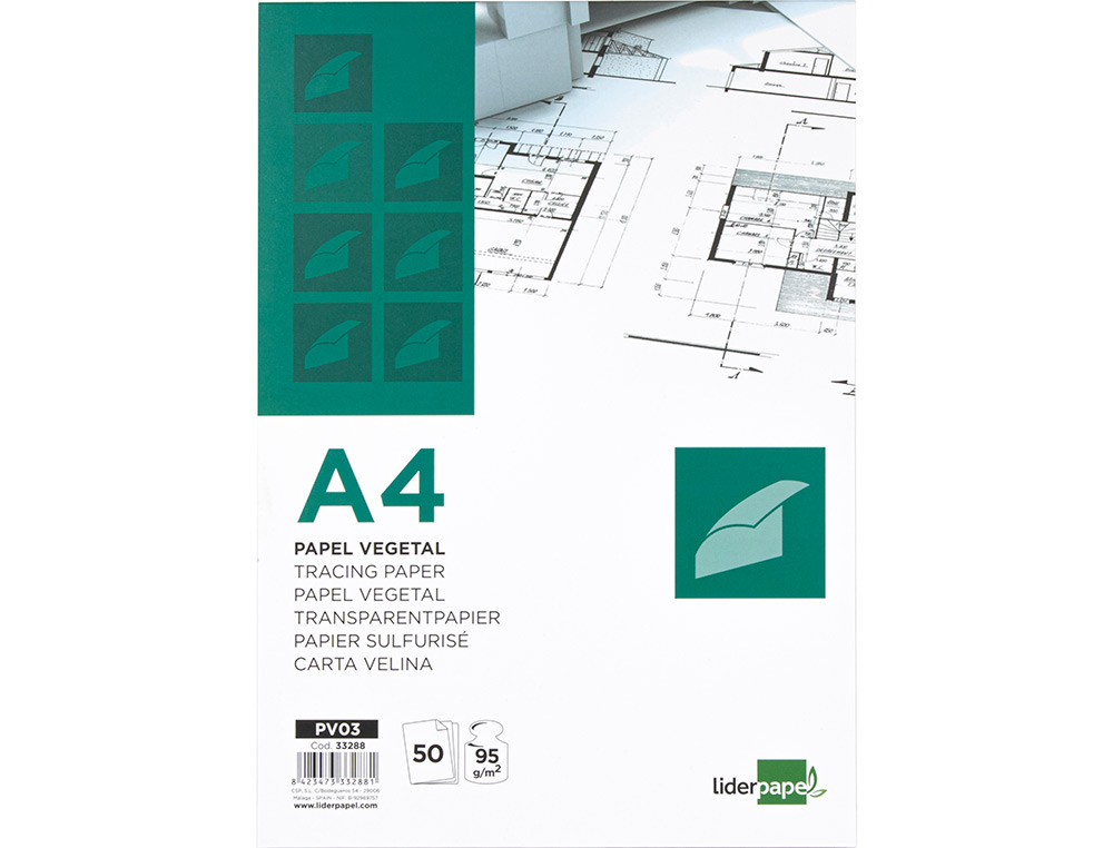 BLOC DESSIN LIDERPAPEL PAPIER CALQUE HAUTE TRANSPARENCE 95G/M2 A4 210X297MM 50F