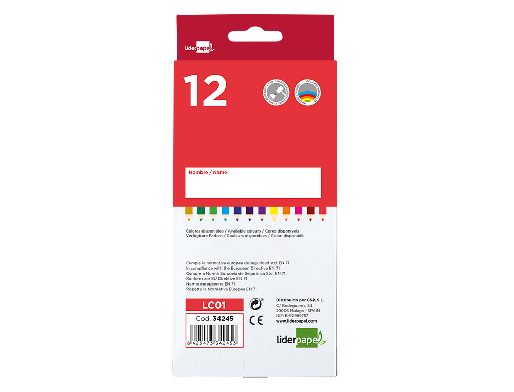 CRAYON COULEUR LIDERPAPEL MINE EXTRA-RÉSISTANTE 174.5MM ÉCRITURE DOUCE COLORIS INTENSES ÉTUI CARTON PLASTIFIÉ 12 UNITÉS