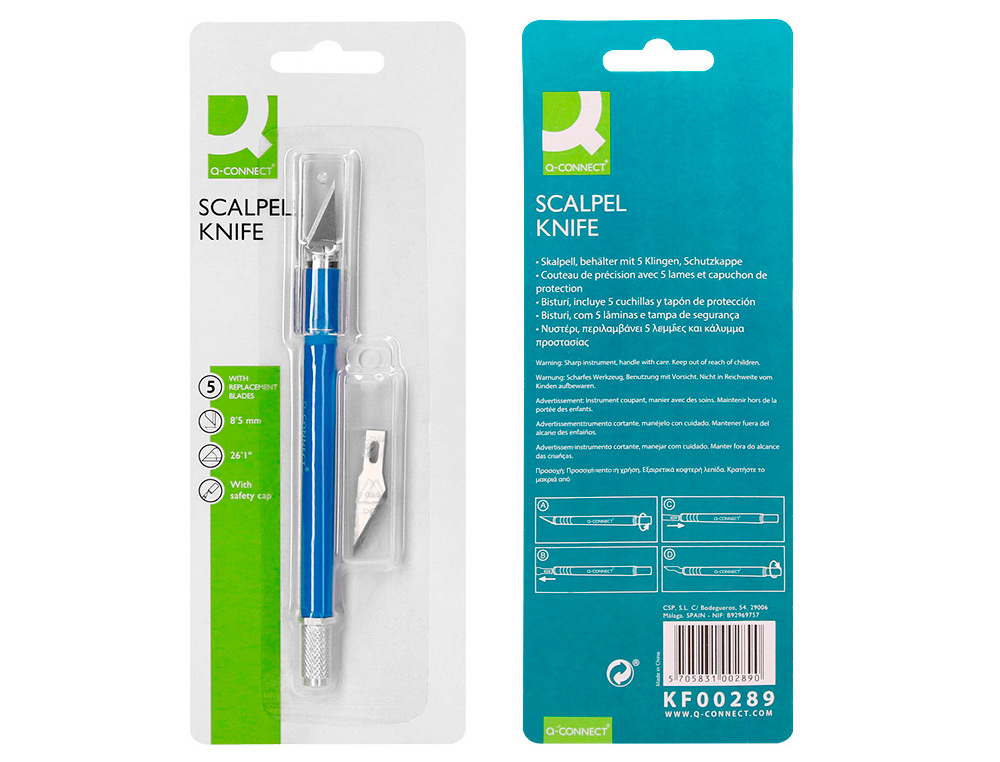 CUTTER BISTOURI Q-CONNECT EN GOMME LAME 6MM FIXE AVEC CAPUCHON DE PROTECTION 5 LAMESDE RECHANGE INCLUSES