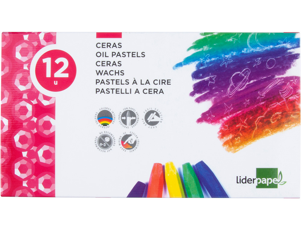 CRAYON CIRE LIDERPAPEL 75MM DIAMÈTRE 12MM PAPIER CARTON TISSU COLORIS BRILLANTS BOÎTE 12 UNITÉS