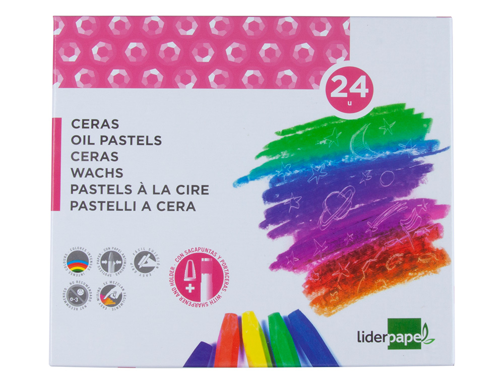 CRAYON CIRE LIDERPAPEL 75MM DIAMÈTRE 12MM TAILLE-CRAYONS ET PORTE-CRAYONS OFFERTS COLORIS BRILLANTS BOÎTE 24 UNITÉS