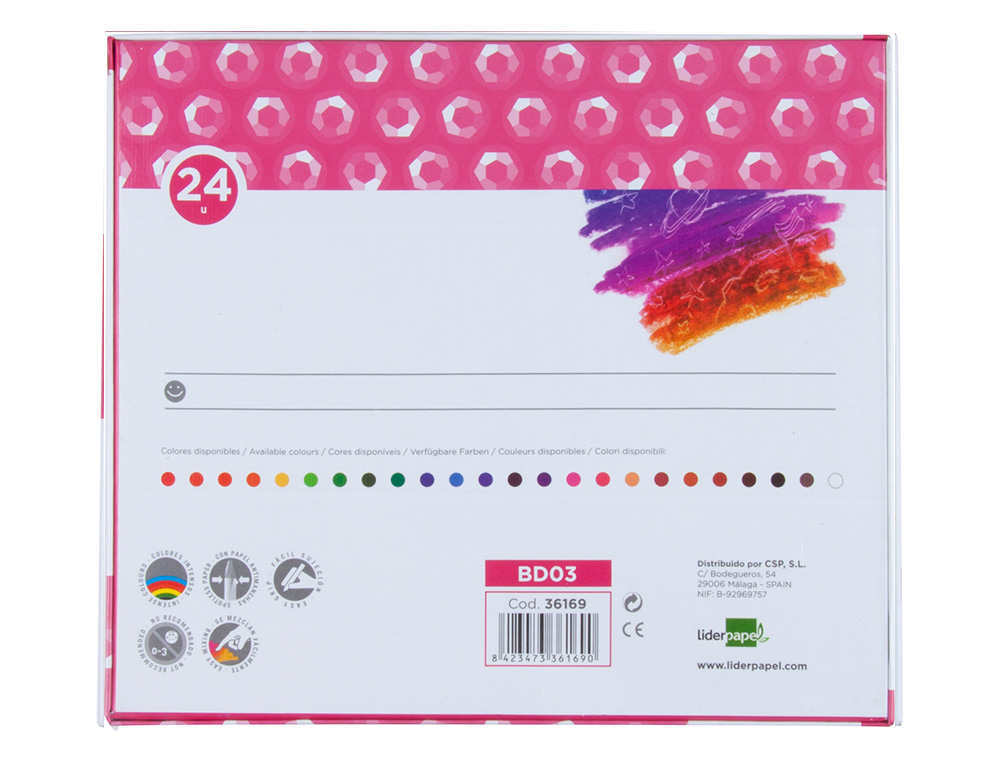 CRAYON CIRE LIDERPAPEL 75MM DIAMÈTRE 12MM TAILLE-CRAYONS ET PORTE-CRAYONS OFFERTS COLORIS BRILLANTS BOÎTE 24 UNITÉS