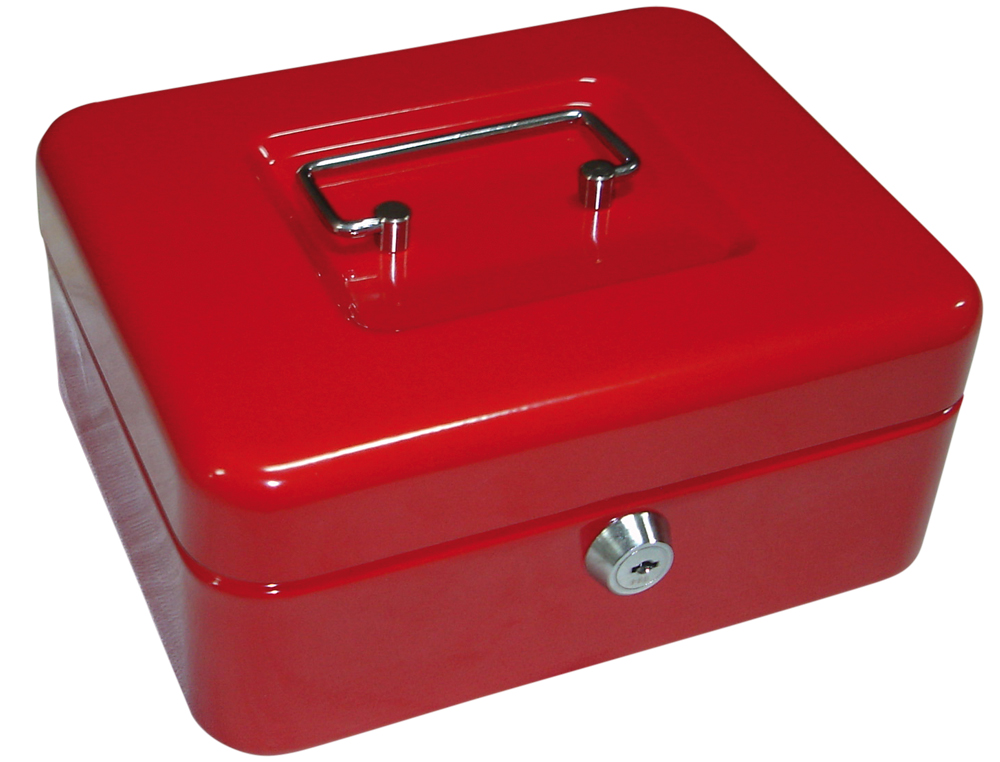 CAISSE MONNAIE Q-CONNECT STRUCTURE ACIER 0.8MM ÉPAISSEUR PLATEAU AMOVIBLE ESPACE BILLETS 200X160X90MM COLORIS ROUGE