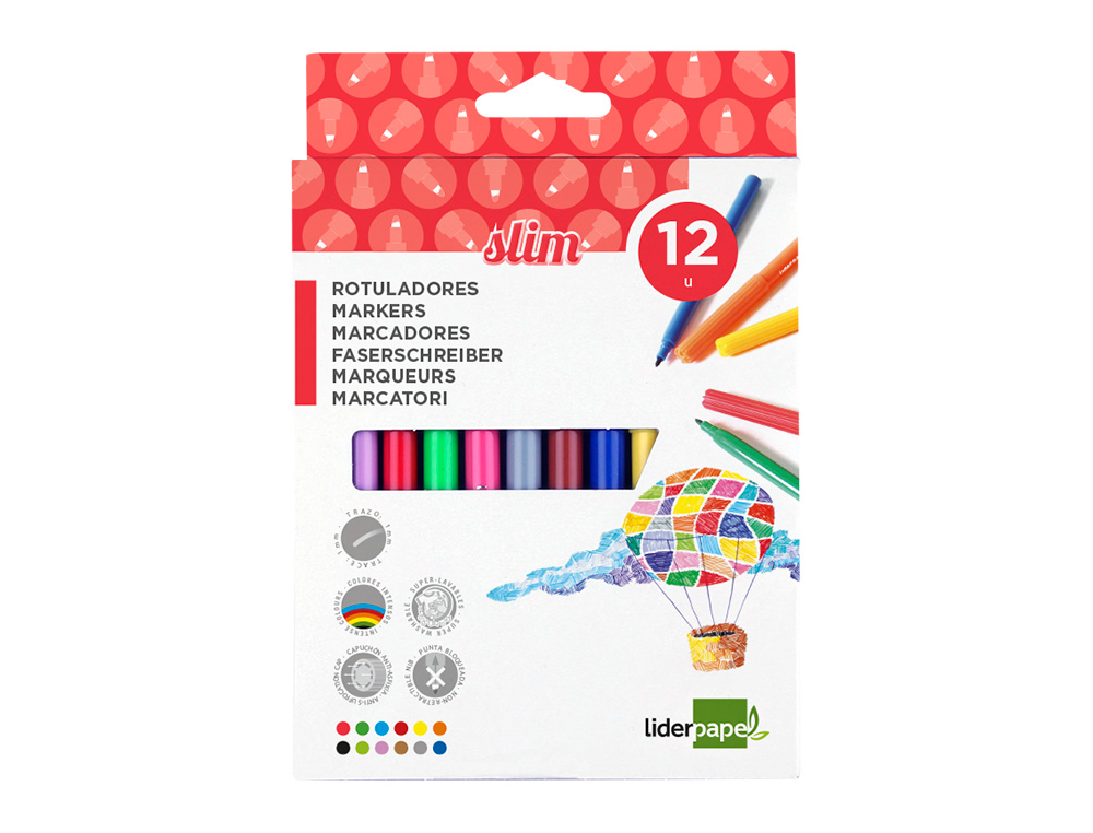 FEUTRE COLORIAGE LIDERPAPEL SLIM LONGUEUR ÉCRITURE 800M POINTE NYLON 2MM DIAMÈTRE ÉTUI CARTON 12 UNITÉS