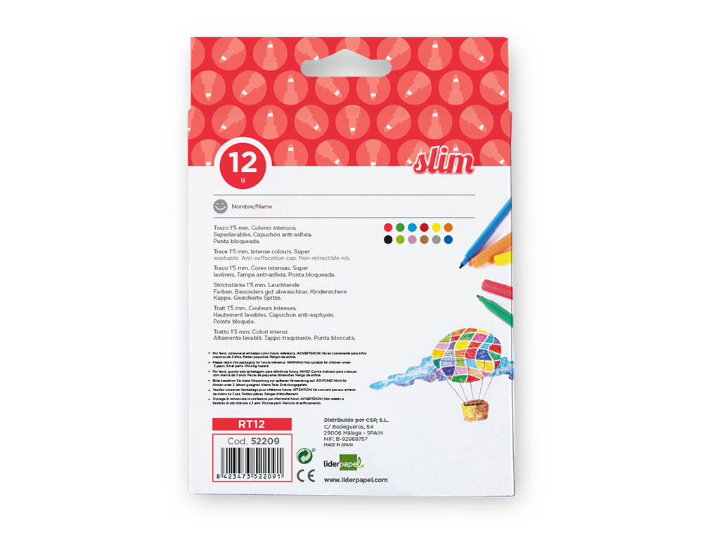 FEUTRE COLORIAGE LIDERPAPEL SLIM LONGUEUR ÉCRITURE 800M POINTE NYLON 2MM DIAMÈTRE ÉTUI CARTON 12 UNITÉS