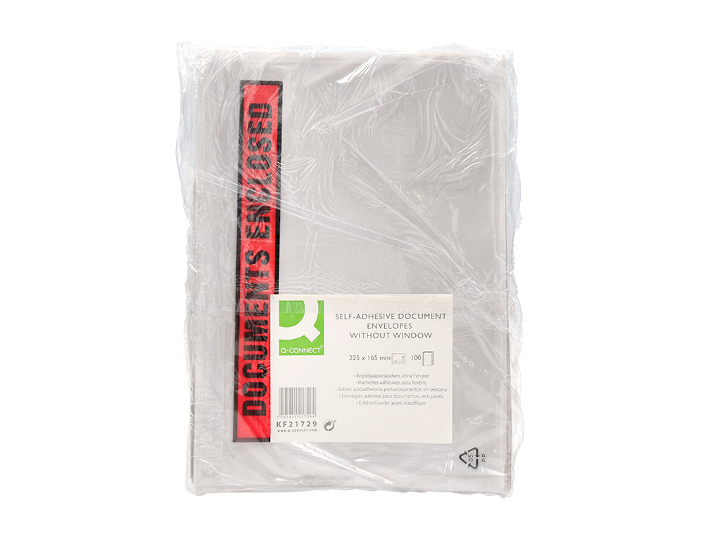POCHETTE DOCUMENTS CI-INCLUS Q-CONNECT AUTO-ADHESIVE TRANSPARENTE 225X165MM TEXTE ANGLAIS PAQUET 100 UNITES