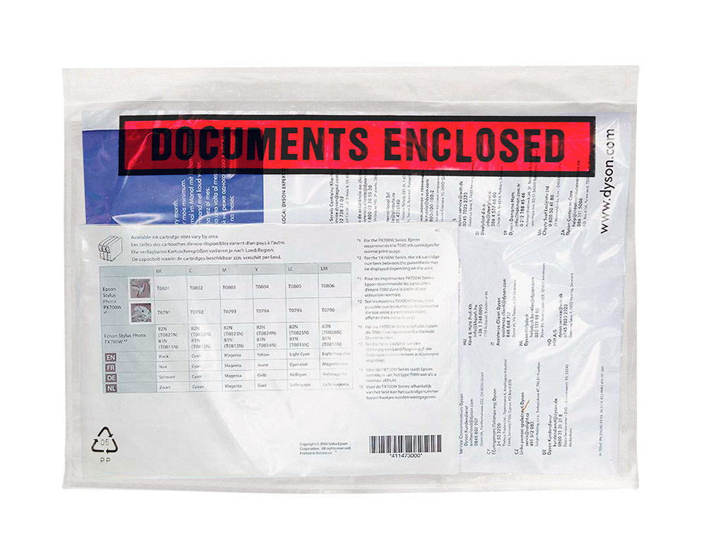 POCHETTE DOCUMENTS CI-INCLUS Q-CONNECT AUTO-ADHESIVE TRANSPARENTE 225X165MM TEXTE ANGLAIS PAQUET 100 UNITES