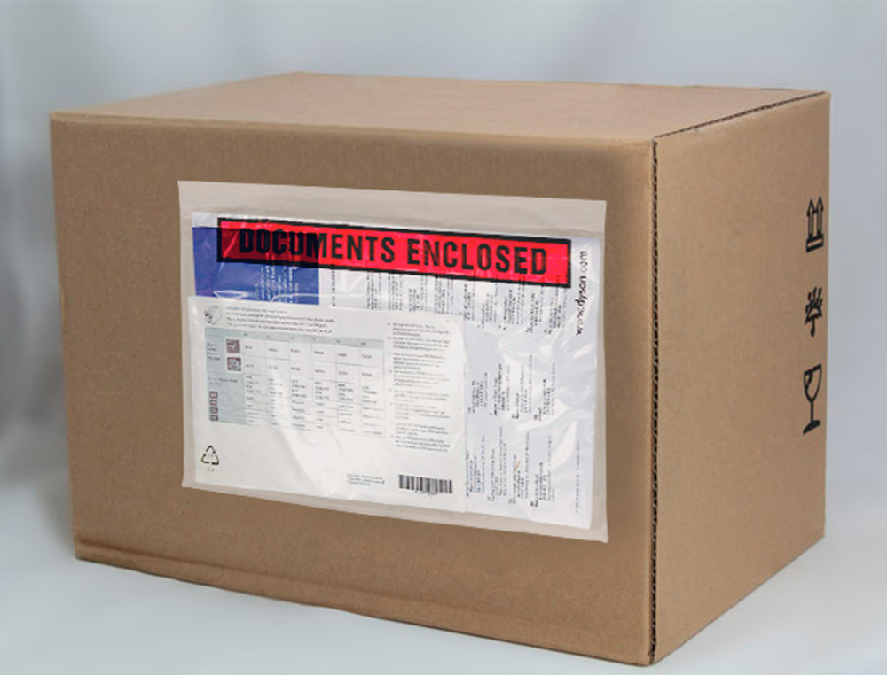 POCHETTE DOCUMENTS CI-INCLUS Q-CONNECT AUTO-ADHESIVE TRANSPARENTE 225X165MM TEXTE ANGLAIS PAQUET 100 UNITES
