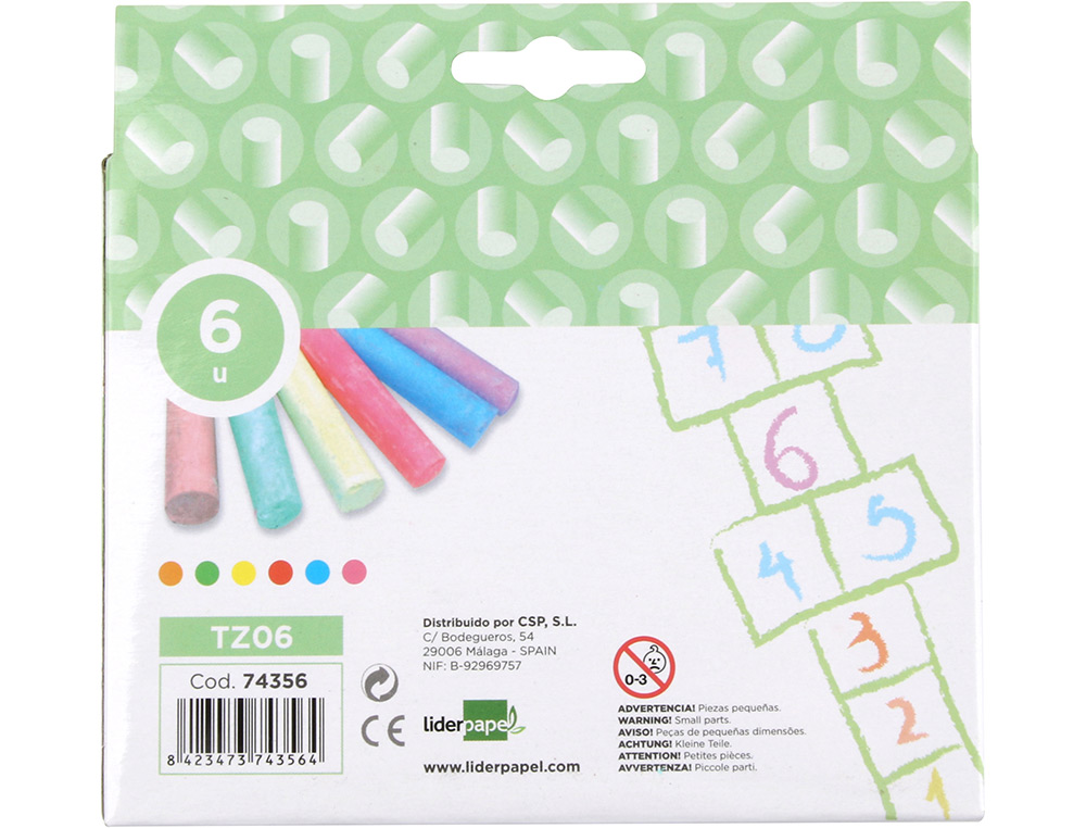 CRAIE TROTTOIR LIDERPAPEL ACTIVITÉS CRÉATIVES SCOLAIRES COLORIS ASSORTIS BOÎTE 6 UNITÉS
