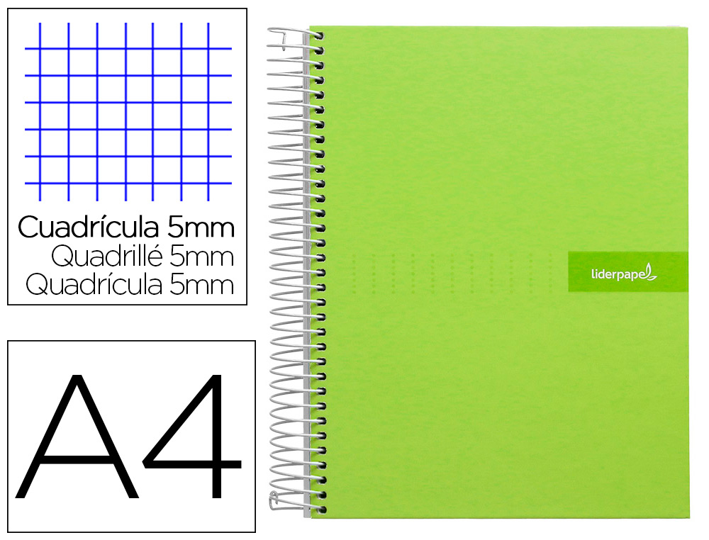 CAHIER SPIRALE LIDERPAPEL CRAFTY COUVERTURE CONTRECOLLE A4 240P 90G/M2 5X5MM MICROPERFOR 4 TROUS COLORIS VERT
