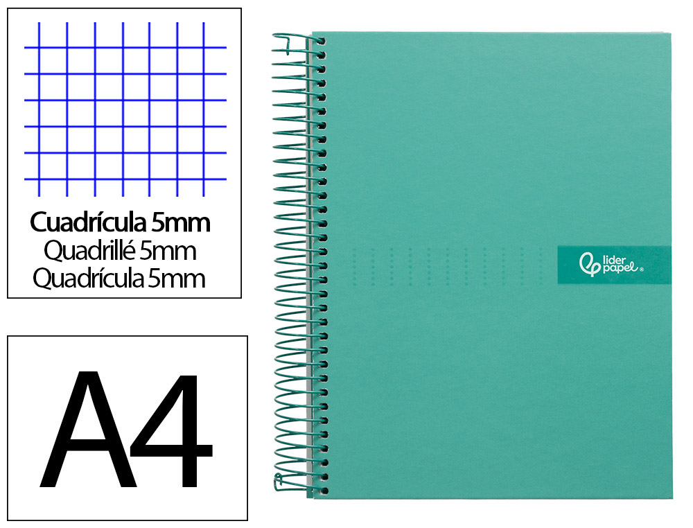 CAHIER SPIRALE LIDERPAPEL CRAFTY COUVERTURE CONTRECOLLE A4 240P 90G/M2 5X5MM MICROPERFOR 4 TROUS COLORIS TURQUOISE