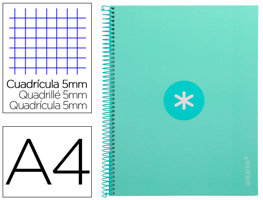 CAHIER SPIRALE ANTARTIK A4 160P 90G COUVERTURE REMBORDEE 5X5MM 4 TROUS 1 BANDE COLORIS MENTHE