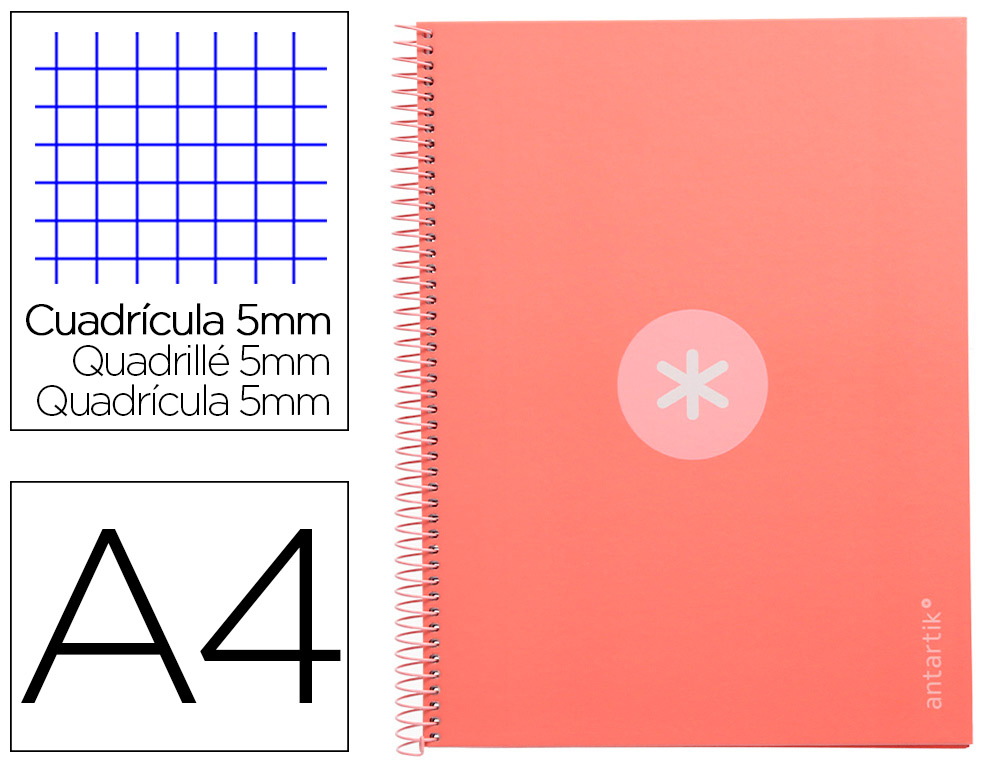 CAHIER SPIRALE ANTARTIK A4 160P 90G COUVERTURE REMBORDEE 5X5MM 4 TROUS 1 BANDE COLORIS ROSE