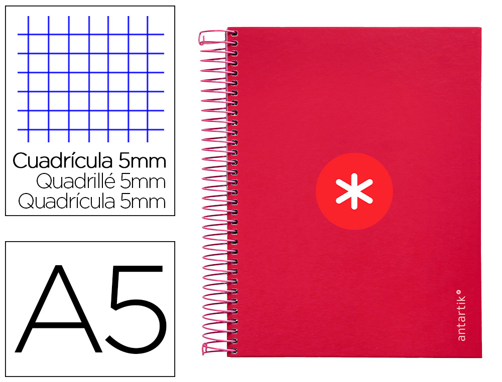 CAHIER SPIRALE ANTARTIK A5 14,8X21CM 240P 90G/M2 5X5MM 6 TROUS COIL-LOCK COLORIS       FRAMBOISE